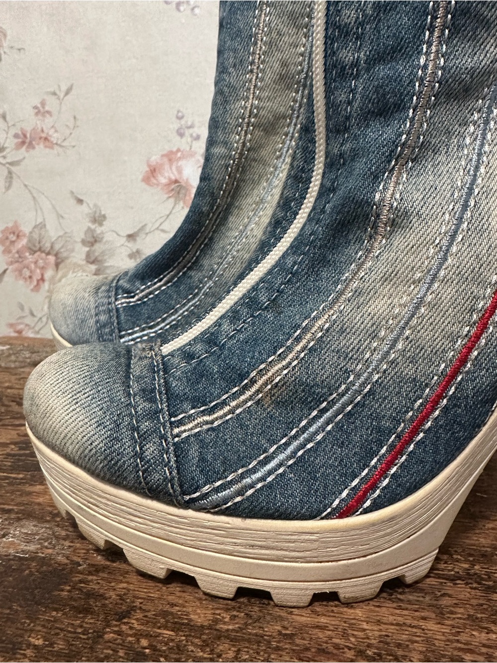 Upcycled Boots Platform Denim Y2K High Block Heel Size 39 - Picture 7 of 10
